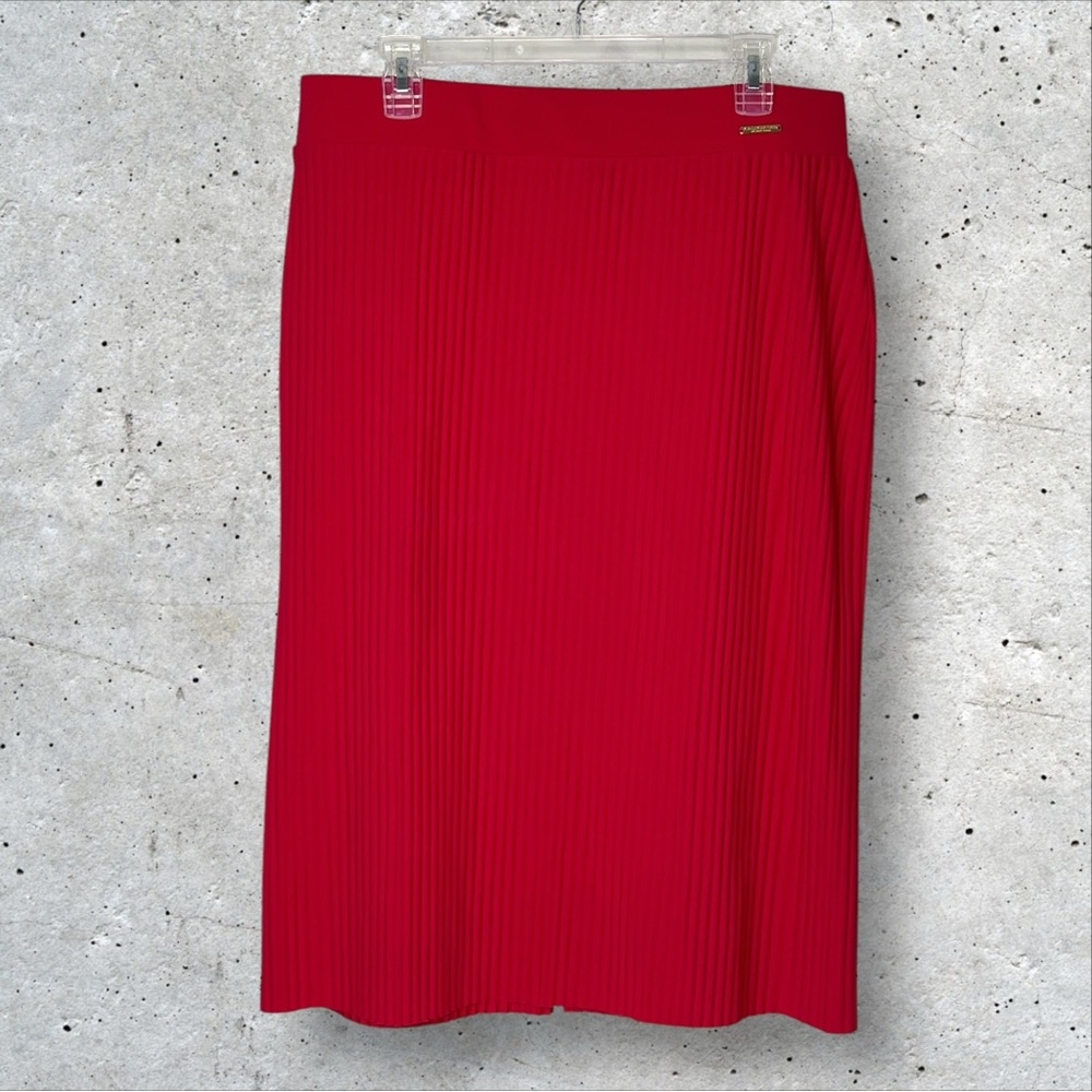 Marc New‎ York Pleated Dark Pink Knee Skirt Back Slit Elastic Waist Women L